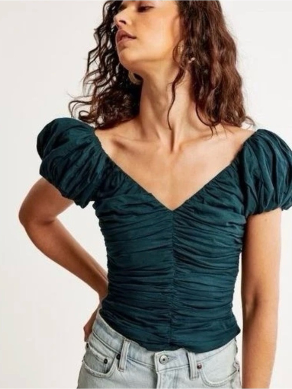 Abercrombie & Fitch Teal Puff-Sleeve Smocked Square-Neck Top